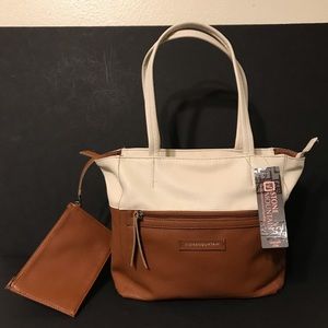 Stone Mountain Brown & Cream Leather Double Handle Purse W/ Matching Wallet NWT